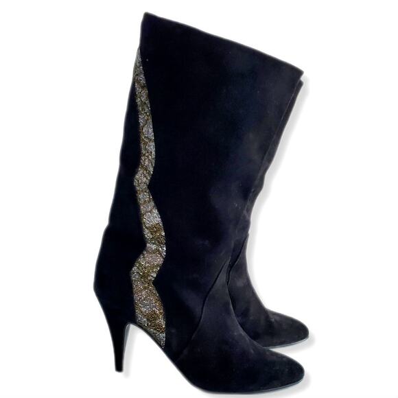 VTG 80s Polly Bergen Black Glitter Suede Boot 8 Heels Italy Glam Slouch Cocktail - Picture 12 of 12